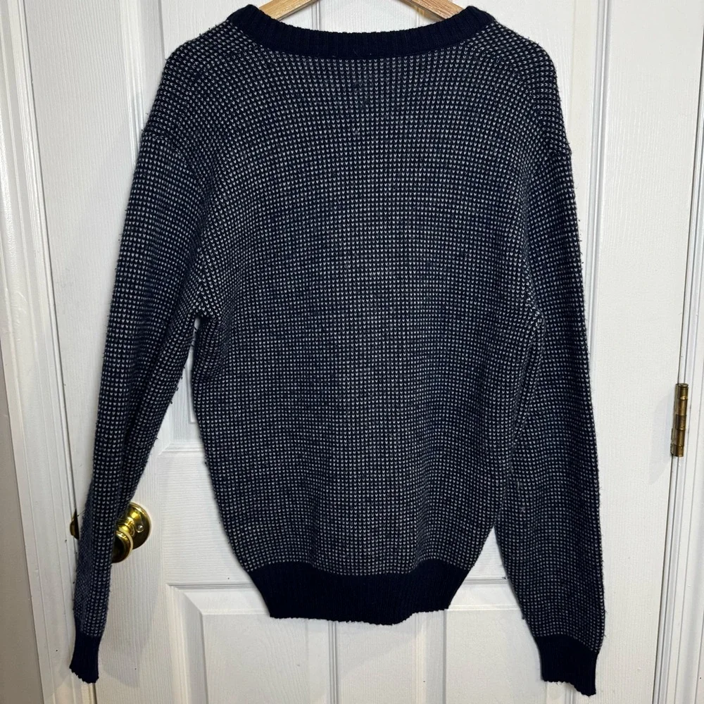 Vintage Made in USA Navy Birdseye Knit V-Neck Sweater Men’s L Late 80s/Early 90s